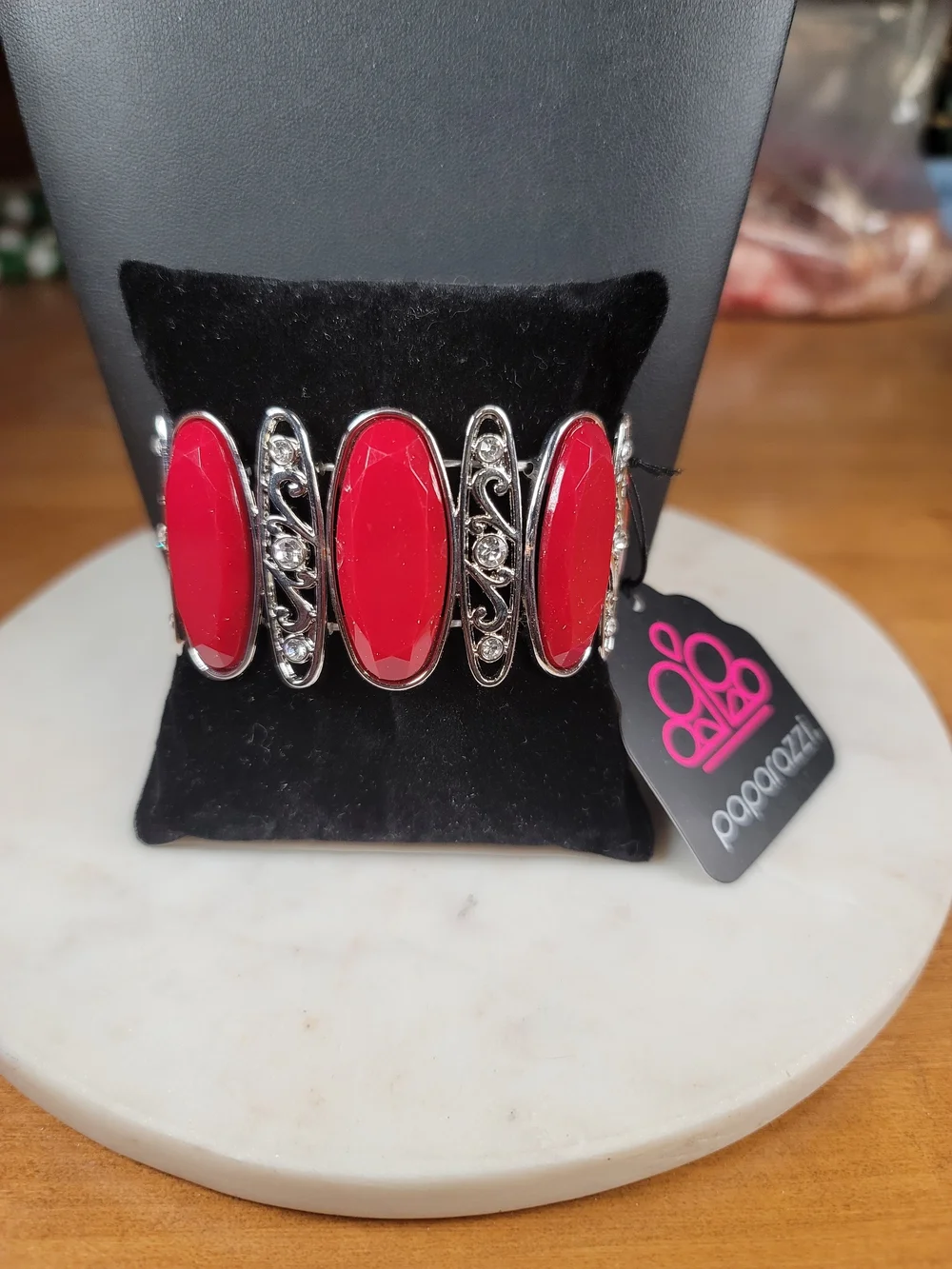 paparazzi Dark Red Oval Stone Silver Filigree Stretch Bracelet